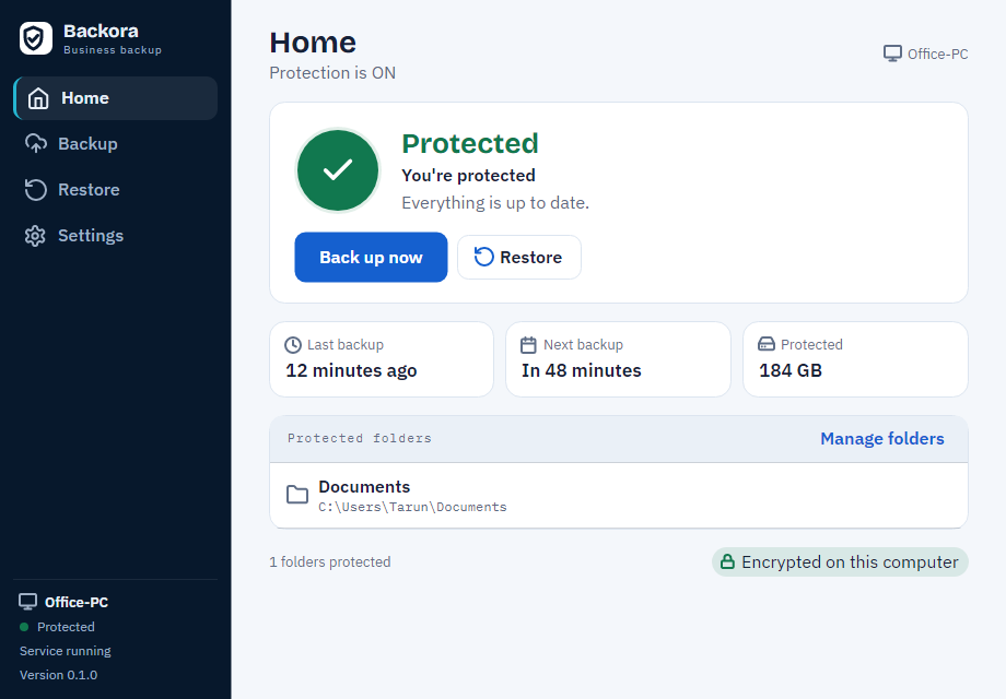 Backora desktop app: Protected, last backup 12 minutes ago, Back up now